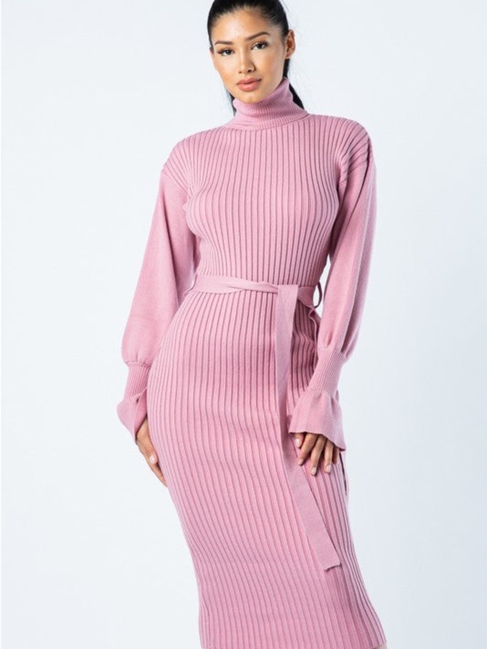 Hera Collection Lady Rose Ribbed Turtleneck Midi Sweater Dress